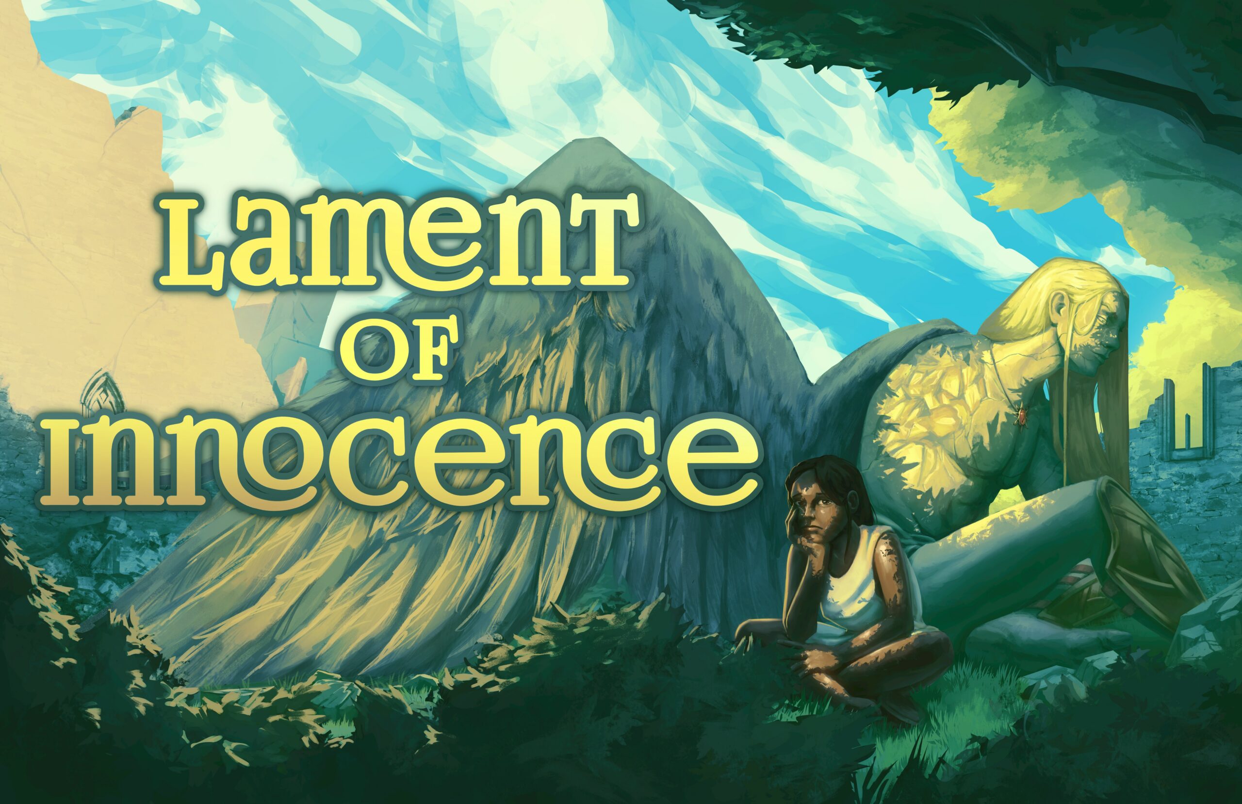 Lament of Innocence Cover for Lament of Innocence. A celestial being with a missing arm sits on a patch of grass with a young girl, both contemplative.